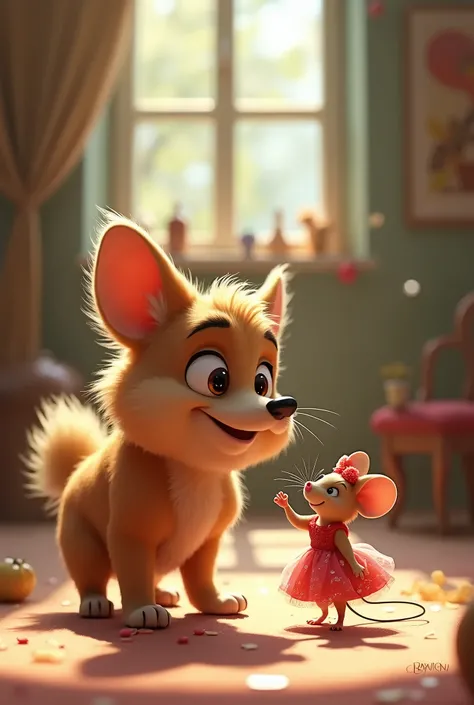 A large, fluffy dog with light brown fur and floppy ears, looking excited as he approaches the mouse wearing her new dress. Pixar style, with vibrant colors and detailed expressions showcasing the dogs enthusiasm and the mouses cautious reaction.
