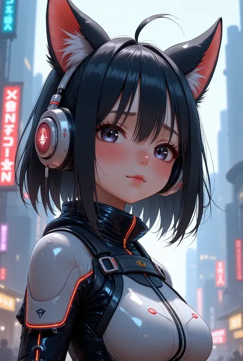 Semi-realism, girl in futuristic outfit with cat ears and headphones, cute cyborg girl, digital cyberpunk, cyberpunk semi-realism girl mech, female cyberpunk girl, cyberpunk girl, beutiful girl cyborg, perfect android girl, cyberpunk art, portrait space ca...