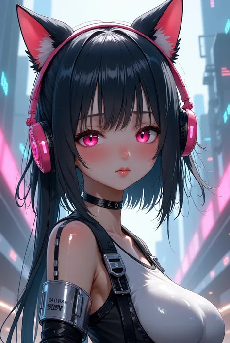 Semi-realism, girl in futuristic outfit with cat ears and headphones, cute cyborg girl, digital cyberpunk, cyberpunk semi-realism girl mech, female cyberpunk girl, cyberpunk girl, beutiful girl cyborg, perfect android girl, cyberpunk art, portrait space ca...