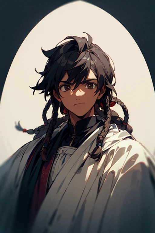 ((The best quality)), ((masterpiece)), (DETAILED), 1 chico, black skin, with dreadlocks, dark brown eyes, Deep and charming look, in medieval prince costume, high, with a look lost in thoughts.
