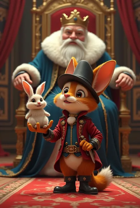 Puss in Boots with a rabbit in his hand, in front of a king