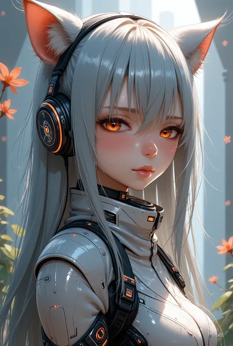 Semi-realism, girl in futuristic outfit with cat ears and headphones, cyborg girl, girl in mecha cyber armor, masterpiece 