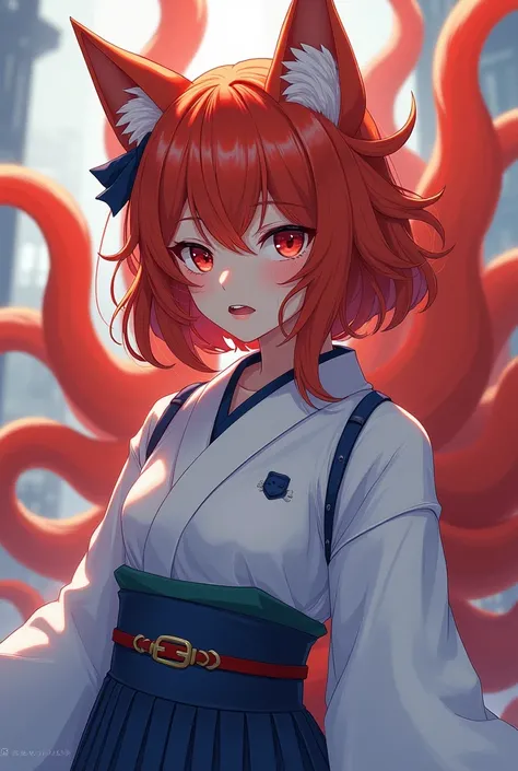 Anime girl dark orange hair red eyes with fox ears on her head about 9 tails sharp teeth wearing a white Japanese kimono with blue tips 