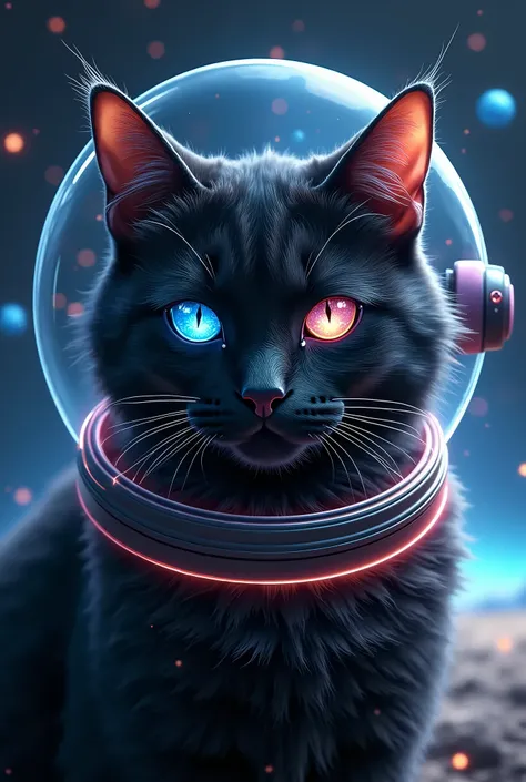 um lindo gato preto (better masterpiece:1.5)0.9], (gato preto, Space and astronauts:1.2) (Messy silver hair:1.1) (Heterochromia xanthochromia and blue eyes:1.2) (Space Helmet:1.0) (Colored stars in the eyes:1.0) (A radiant glow:1.1) (thick lips:0.9)