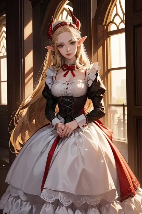 (one adult elf female) (best quality) (wonderful masterpiece) (ultra high quality) (beautiful face) one female adult elf with demon horns and dark blonde long hair and visible forehead wearing a beautiful maid dress with red ribbons, maid attire, victorian...