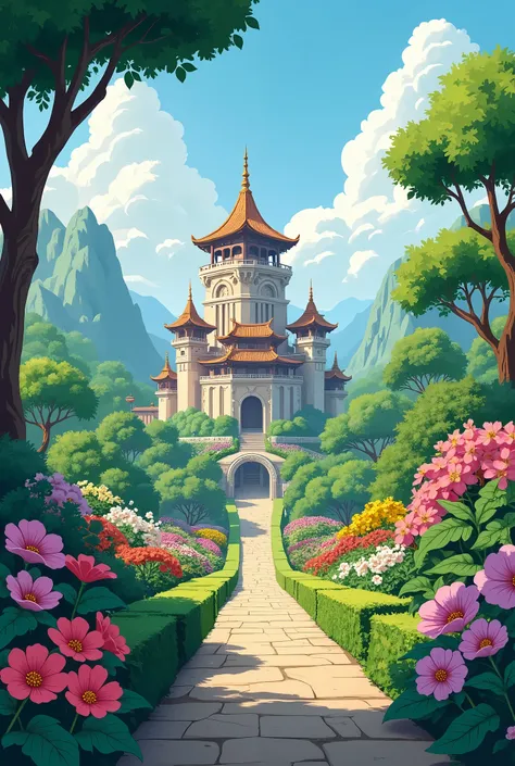 Disney style illustration of a garden with a castle in eastern China, cores CMYK