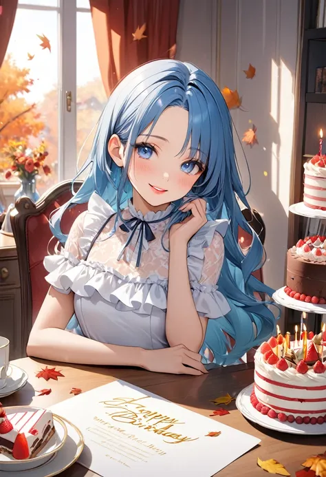 (Birthday celebration style), (((both hands holding a white board is writing font "Happy Birthday"))), (beautiful and delicate), (a beautiful forehead beautiful blue hair detailed long hair) (best cute girl is 15 yo), (best cute blue eyes), (best love smil...