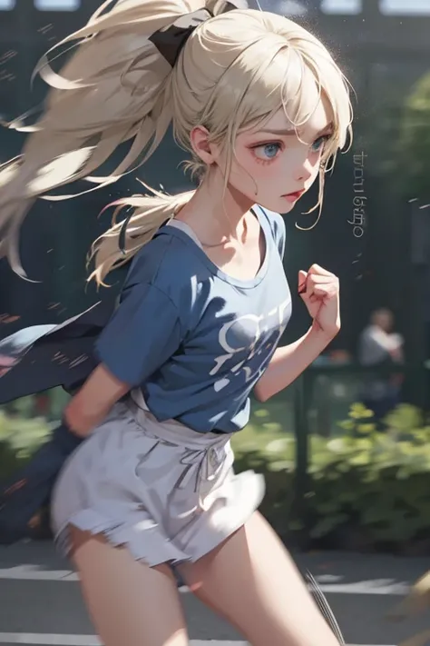 Alone,((a girl playfully punching a bystander with her bare fist)),1 (, kawaii,small child,floating hair,messy hair,Blonde hair,long hair,messy hair,((ponytail hair)),white skin color,the color of the eyes blue,eyes shining,big eyes,[chest,angry face,punch...