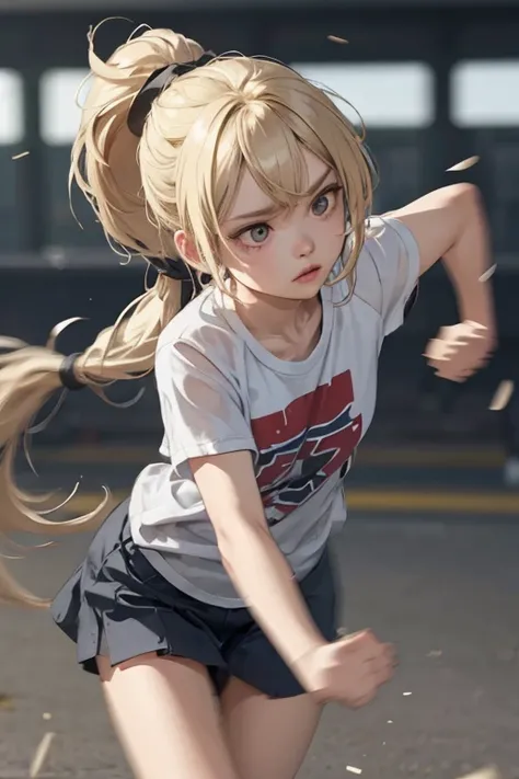 Alone,((a girl playfully punching a bystander with her bare fist)),1 (, kawaii,small child,floating hair,messy hair,Blonde hair,long hair,messy hair,((ponytail hair)),white skin color,the color of the eyes blue,eyes shining,big eyes,[chest,angry face,punch...