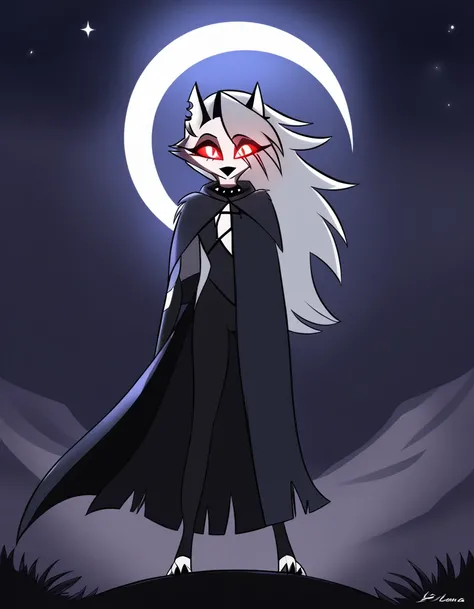 (1girl, solo), perfect body, slim,
anthro, robe, furry, smile, cape covering whole body, black cape, hoods covered head, night, walking, Scythe
Loona (Helluva Boss), Red Eyes, 