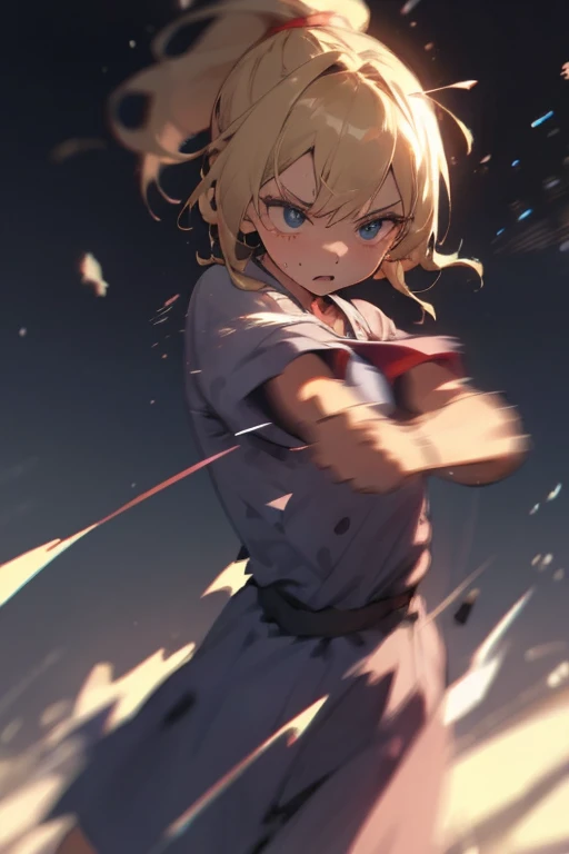 Alone,((a girl playfully punching a bystander with her bare fist)),1 (, kawaii,small child,floating hair,messy hair,Blonde hair,long hair,messy hair,((ponytail hair)),white skin color,the color of the eyes blue,eyes shining,big eyes,[chest,angry face,punch...