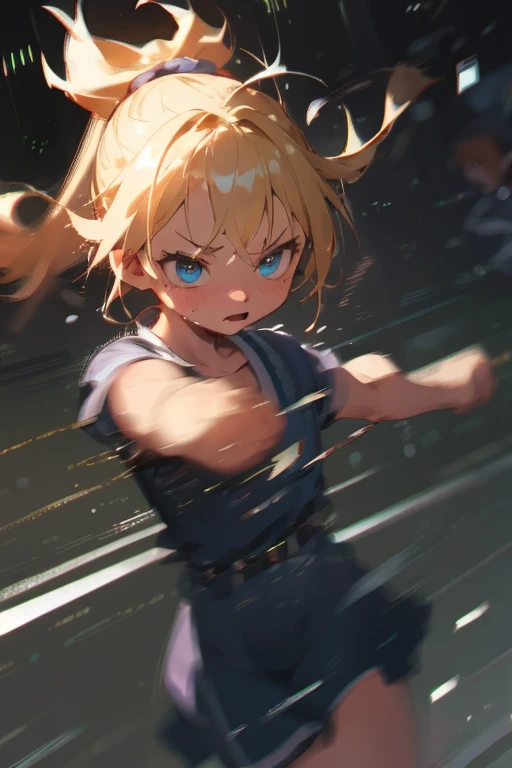 Alone,((a girl playfully punching a bystander with her bare fist)),1 (, kawaii,small child,floating hair,messy hair,Blonde hair,long hair,messy hair,((ponytail hair)),white skin color,the color of the eyes blue,eyes shining,big eyes,[chest,angry face,punch...