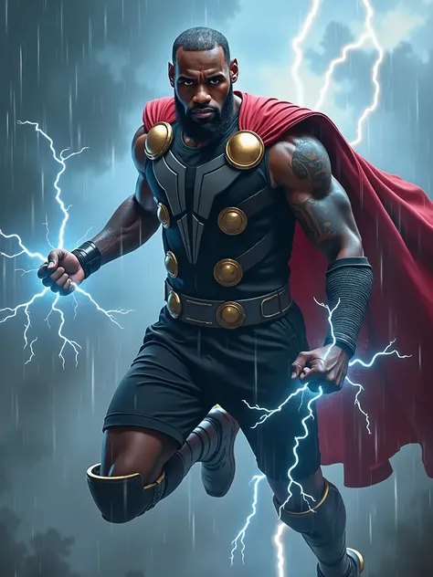 Highly detailed  Marvel art drawing of Lebron James dressed as Thor.  Mad Face. Flying Downwards straight to the land. Thunder and lightning coming out of his body.  Rainy weather. Full body shot. Third Person view. High definition 4k.  Marvel Superheroes