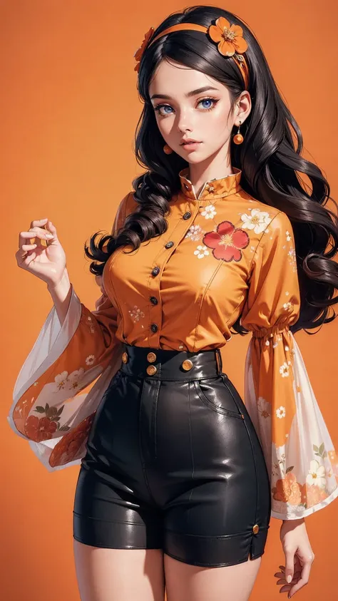 (((masterpiece))), A top-level influential woman, top quality, super detailed, Cute and brave, 60s retro style, light skin, Long curly black hair with flower clips, Orange button crop top with sheer sleeves and floral print, Brown high waist button shorts,...