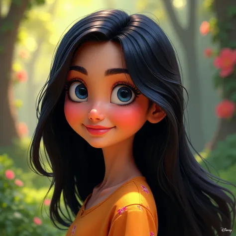 Create a Disney-Pixar style portrait of a beautiful Pakistani girl with soft pink lips and blue eyes, long black hair oval face, big nose, full lips, small ears, no wrinkles, bright skin, and a warm smile