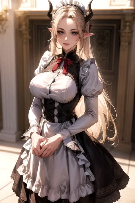 ((best quality)), ((Masterpiece)), (details:1.4), ((Enrich the picture，Masterpiece level quality)), Beautiful 8K CG artwork, 3d, HDR (high dynamic range), ne female adult elf with demon horns and dark blonde long hair and visible forehead wearing a beautif...