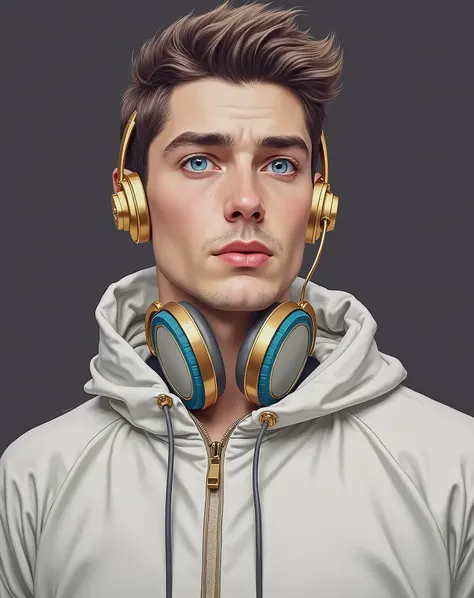 high resolution, masterpiece, best quality, HD model, quality, Ultra HD, Illustration, Artistic, brilliance, headphones, blue eyes, man