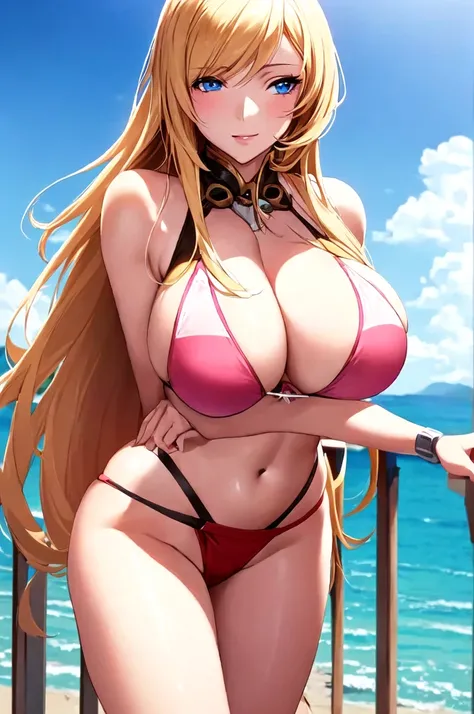 anime girl in a bikini posing on a balcony with a view of the ocean, seductive anime girl, blonde anime girl with long hair, realistic bikini, beautiful alluring anime woman, is wearing a swimsuit, attractive anime girl, anime goddess, oppai, at the beach,...