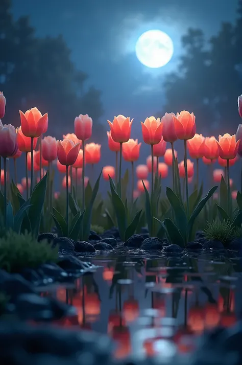 Create a good night image,  that has lots of tulips, in a night landscape under the moonlight, that looks very supernatural,.Let the landscape reflect the beauty of life tulips of many colors 