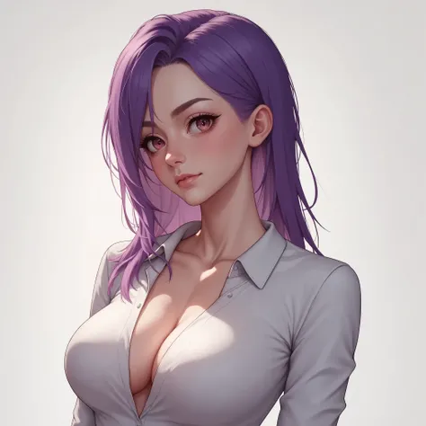 psanime, portrait of a purple haired woman with cleavage shirt, busty breasts