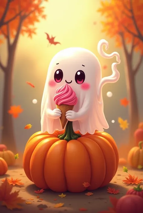 Cute little ghost eating strawberry ice cream on top of a pumpkin 