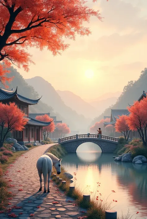 The scene is an ancient Korean Dynasty village, The middle scene is a small river at the entrance of the village, a small bridge, Stone paved road, (In the middle view, a white horse is grazing by the river), trees, floral motifs, fallen leaves, Birds, Sea...