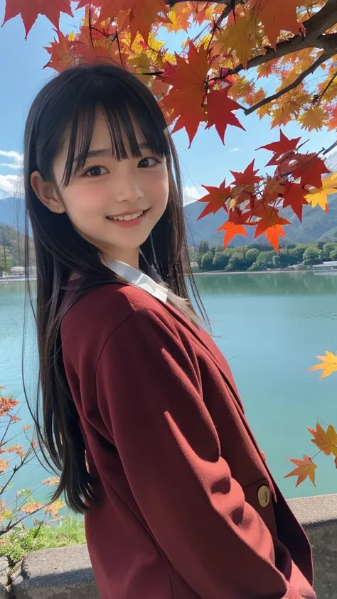 Elementary school student, smiling, bust up, She is posing with red maples and Lake Kawaguchi  the background