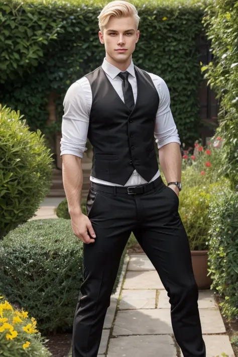 Young man dressed in black vest and black trousers of academic attire, Realistic Face, very attractive, blonde, muscular, seductive look, big visible tail, hand on crotch inside pants, full body, in garden