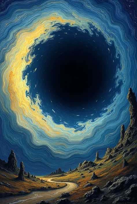 A black spiral-shaped hole absorbing a world in the form of Van Gogh&#39;s painting