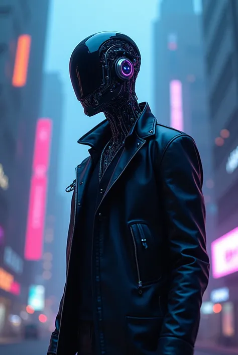 Create an album cover for a mysterious male pop artist who never reveals his face, the cover should be futuristic and cybernetic in the style of pop star 