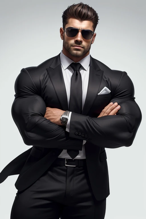 a very handsome muscular man, sunglasses, wearing a black suit with a black tie, standing sideways on a white background, posing...