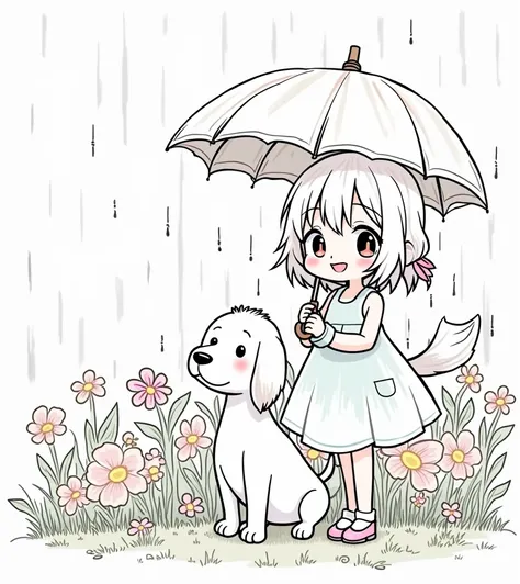 Outline of a girl under the umbrella at a rainy day with her dog beneath her. The girl is standing at a flowery garden, cartoon style, detail background 