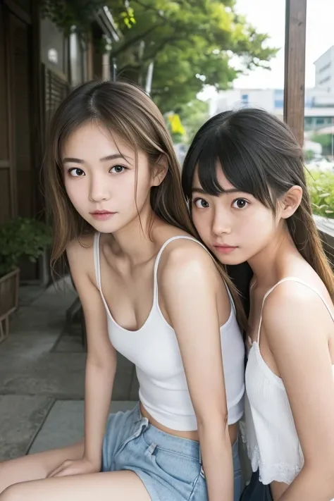 (Real),８KCG,High resolution,Create a photo of a Korean Asian teenager,beautiful girl, ((Blonde)),((9yo)),Narrow eyes:1.5,Slim Face,Underarm,White tank top,No arm hair,(Small Face:1.3),Slim Face,Ask,outdoor Sit on  simple bench,
1人の女の子, 足をフレーム外へ,(((もっと平らな胸:...