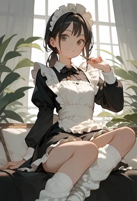 Score_9,Score_8_up,Score_7_up,highest quality,detailed,1 beautiful 18yo girl,slim,small breasts,(black_low_ponytail),(maid costume play,loose socks),(happy with me:0.5)