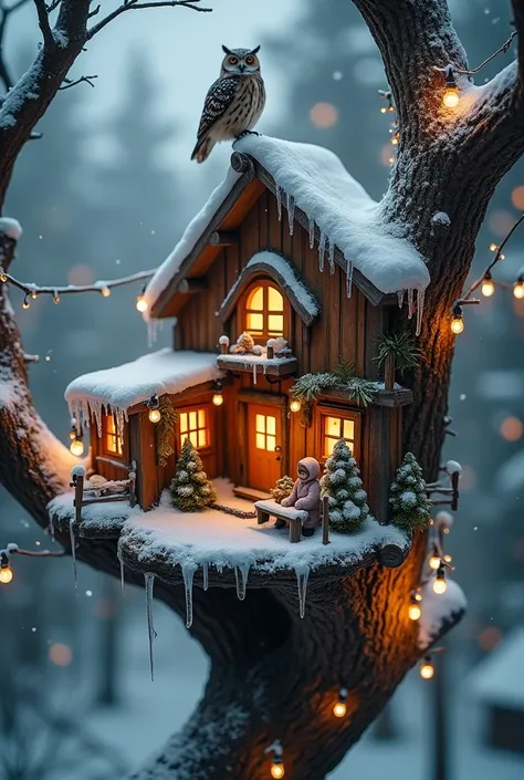 A photorealistic miniature treehouse village set high in a snow-covered tree, surrounded by a dense winter forest. The tiny houses have snow-dusted rooftops, and icicles hang from the eaves. Twinkling Christmas lights wrap around the tree branches, and glo...