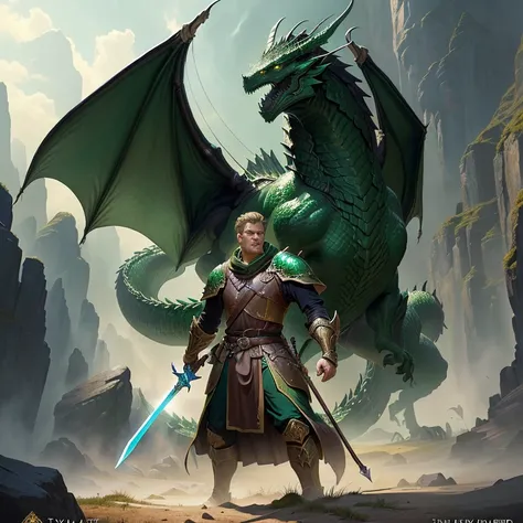 a man standing in front of a green dragon with a sword, epic fantasy novel cover art, tyler edlasy art, inspired by ken kelly, realistic fantasy painting, hyperrealistic d & d fantasy art, inspired by Ryan Barger, trending digital fantasy art, epic fantasy...