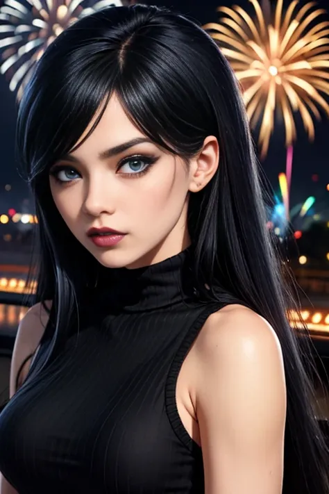 anime girl with long black hair and blue eyes staring at the camera, she has black hair with bangs, 1 7 - year -  goth, with bla...