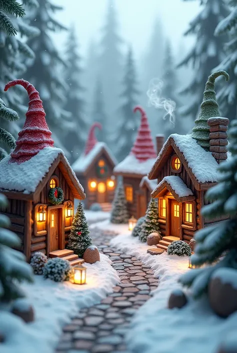 A photorealistic, detailed miniature gnome village in the middle of a snowy forest, with whimsical houses topped with snow-covered, colorful cone-shaped roofs. Smoke rises gently from the chimneys, and warm glowing light pours from the small windows, creat...