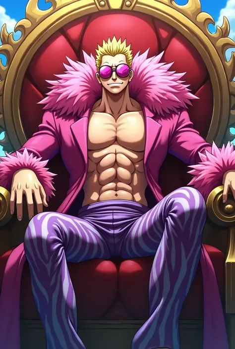 Digital fantasy artwork Image is a digital illustration featuring a stylized character Donquixote Doflamingo Personagem de One Piece seated on a throne. The character has a muscular build and light skin, with short, spiky blond hair. He wears distinctive p...