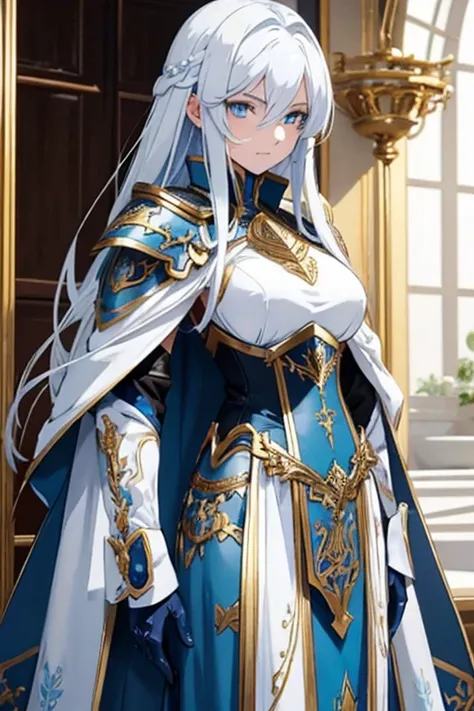 "A beautiful woman in anime style, with long, white hair, loose, and bright blue eyes. He wears an elegant light blue armor with golden details in the form of insignia and ornaments on the chest and arms.. The armor has a sophisticated design, Combining me...