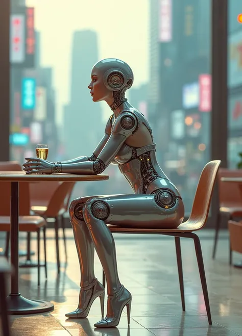 a beautiful female cyborg sitting erotically at a cafe table, one foot on the other, highly detailed, photorealistic, 8k, studio lighting, intricate details, complex machinery, glowing cybernetic implants, glossy metallic skin, seductive pose, futuristic n...