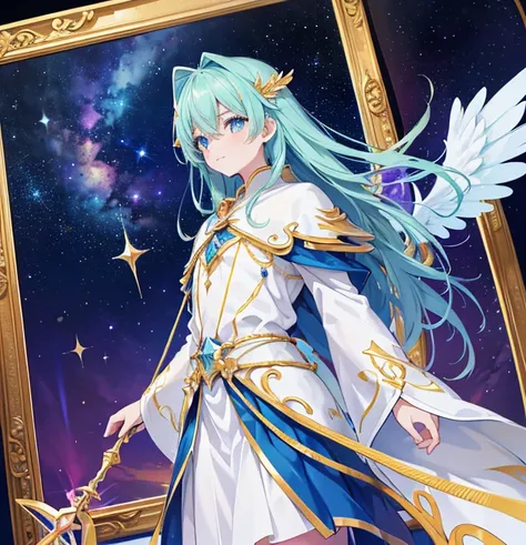 Ômega Celestial:
"High above the clouds, Ômega Celestial floats amidst glowing constellations. His figure is radiant, with wings made of stardust and armor that reflects the cosmos. In his hands, he holds a staff that channels the very energy of the stars,...