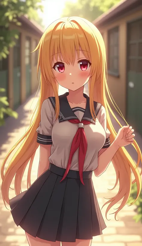 A beautiful anime girl with long twin tails, blonde hair, and red eyes, blushing with a flustered expression, wearing a school uniform with a detailed design and large breasts, extremely detailed and realistic facial features and eyes, highly detailed and ...