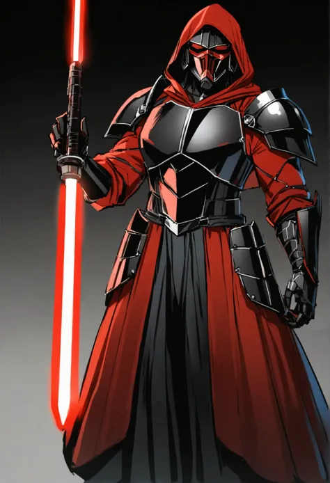 Darth Vaider with upgrades to his Red Hood-style armor and a red DC Red Hood helmet and his black anime-style lightsaber, both the armor and the lightsaber are black. 