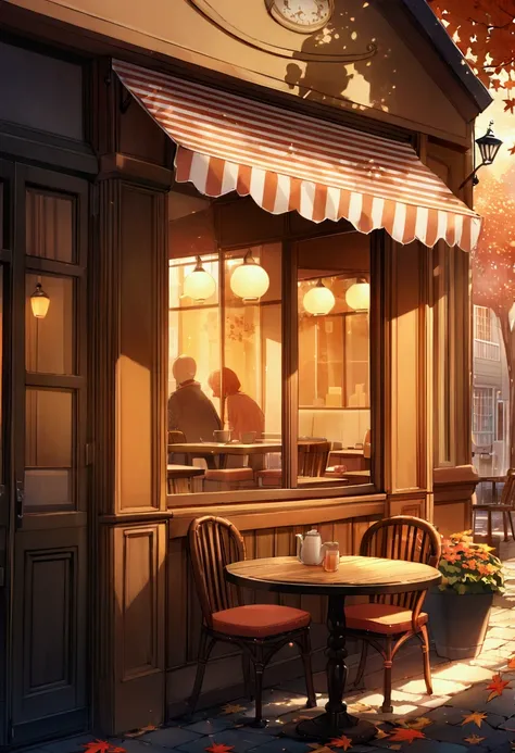 The image depicts a charming, cozy café on a quiet street corner during autumn. The central focus is on the warmly lit café with its inviting orange and red hues. The café has a striped awning, and its windows glow warmly, reflecting the light from inside....