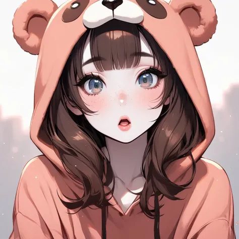 Girl, adorable, coy, sexy, pale skin, big freckles, large eyes, lipgloss, open mouth, , solo, bear onesie, bangs, chestnut hair