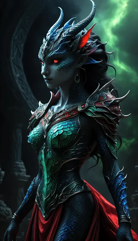 full body shot, panoramic view, a beautiful temptress, the goddess of evil Takhisis, full body shot, panoramic view, dark fantasy, detailed facial features, elegant dress, gods aura, epic scale, dramatic lighting, dramatic background, highly detailed, intr...