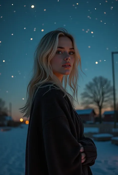 night photography, in the countryside, under the winter starry sky,
1 gorgeous blonde woman,
23 ans, 
subtle smile, 
flirts with the camera,
she’s a model, sensual pose, 
(European girl:1.2),
(Realistic hair:1.2),
(realistic eyes:1.2),
(Beauty face:1.3),
p...