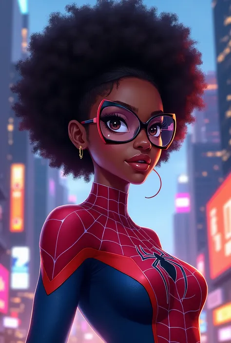 (masterpiece), best quality, expressive eyes, perfect face, blasian girl with afro and glasses dressed as Spider-Gwen, in the city, city lights, drawn as a comic or a cartoon, face focus, looking at the viewer