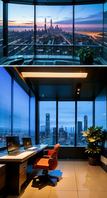 (best quality, 4k, 8k, highres, masterpiece:1.2), ultra-detailed, (realistic, photorealistic, photo-realistic:1.37), office in a skyscraper in a big city, handsome male cyborg sitting in a luxurious chair, modern glass windows, cityscape in the background,...